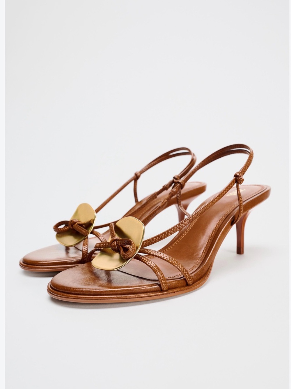 Zara Cognac Brown Gold Detail Strappy Heeled Sandals Size 38